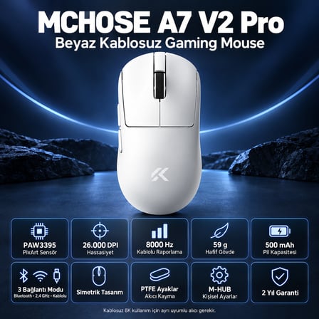 MCHOSE A7 V2 Pro White 8K Hz PAW3395 Sensör Kablosuz Simetrik Gaming Mouse (MC-A7V2-2)
