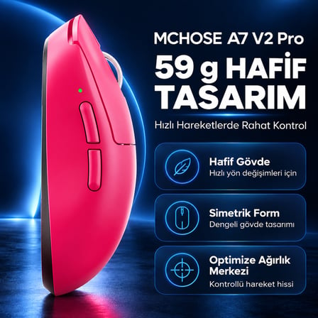 MCHOSE A7 V2 Pro Rose Red 8K Hz PAW3395 Sensör Kablosuz Simetrik Gaming Mouse (MC-A7V2-3)
