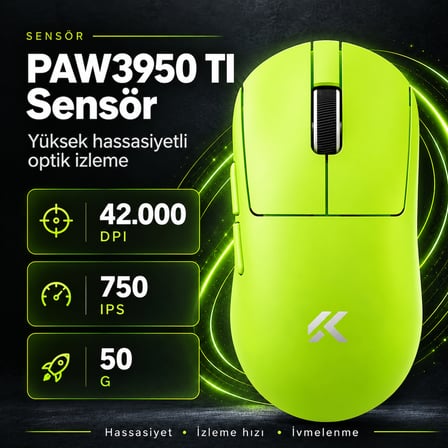 MCHOSE A7 V2 Ultra Cyber Green 8K Hz PAW3950 TI Sensör Kablosuz Gaming Mouse (MC-A7V2-4)