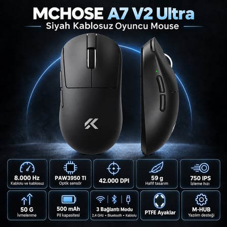 MCHOSE A7 V2 Ultra Black 8K Hz PAW3950 TI Sensör Kablosuz Gaming Mouse (MC-A7V2-5)