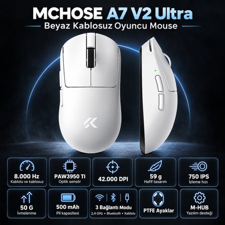 MCHOSE A7 V2 Ultra White 8K Hz PAW3950 TI Sensör Kablosuz Gaming Mouse (MC-A7V2-6)