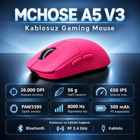 MCHOSE A5 V3 Berry Red 8K Hz Kablosuz Gaming Mouse ( MC-A5V3-1)