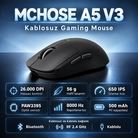 MCHOSE A5 V3 Black 8K Hz Kablosuz Gaming Mouse (HW-A5V3-4)