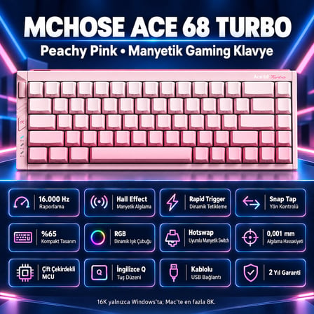 MCHOSE Ace 68 Turbo Esports Peachy Pink %65 Mount Tai Magnetic Switch GT 16K Hz Hall Effect RGB Hotswap Gaming Klavye (HW-Ace68Turbo-7)