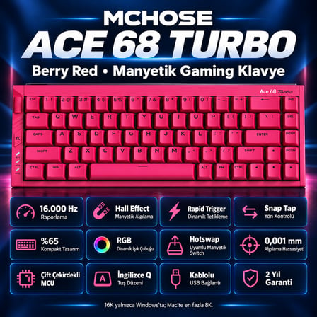 MCHOSE Ace 68 Turbo Esports Berry Red %65 Mount Tai Magnetic Switch GT 16K Hz Hall Effect RGB Hotswap Gaming Klavye (HW-Ace68Turbo-8)