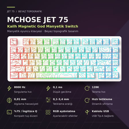 MCHOSE Jet 75 White Topographic %75 Kailh Magnetic God Switch 8K Hz Hall Effect Hotswap RGB Gaming Klavye (HW-Jet75-9)