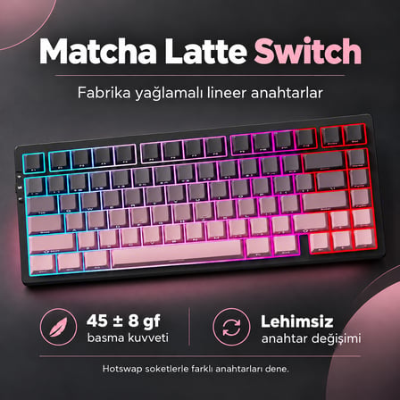 MCHOSE G75 Pro Black Pink %75 Matcha Latte Switch Hotswap RGB Kablosuz İngilizce Mekanik Gaming Klavye (G75-16A)
