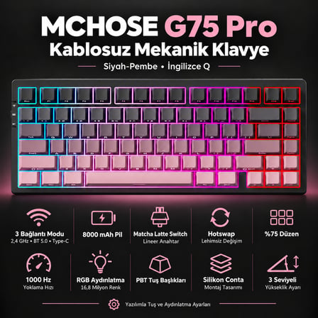 MCHOSE G75 Pro Black Pink %75 Matcha Latte Switch Hotswap RGB Kablosuz İngilizce Mekanik Gaming Klavye (G75-16A)