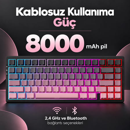 MCHOSE G75 Pro Black Pink %75 Matcha Latte Switch Hotswap RGB Kablosuz İngilizce Mekanik Gaming Klavye (G75-16A)