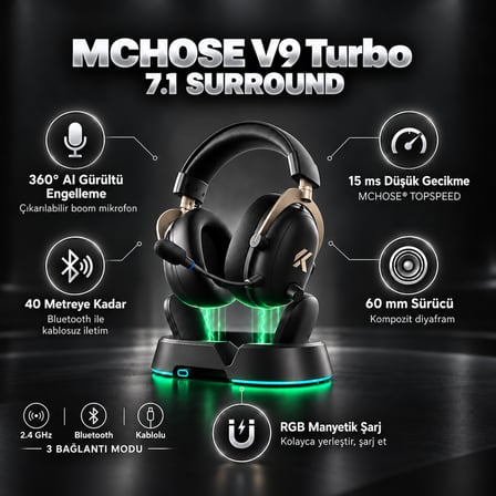 MCHOSE V9 Turbo+ Black Gold 7.1 Surround Kablosuz Gaming Kulaklık (HW-V9-10)