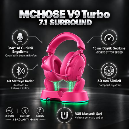 MCHOSE V9 Turbo+ Berry Red 7.1 Surround Kablosuz Gaming Kulaklık (HW-V9-12)