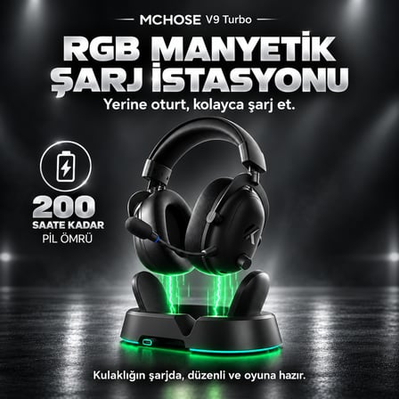 MCHOSE V9 Turbo+ Steel Black 7.1 Surround Kablosuz Gaming Kulaklık (HW-V9-14)