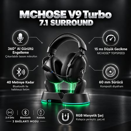 MCHOSE V9 Turbo+ Steel Black 7.1 Surround Kablosuz Gaming Kulaklık (HW-V9-14)