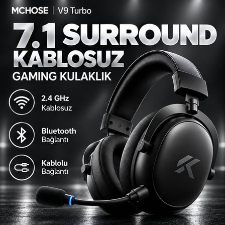 MCHOSE V9 Turbo+ Steel Black 7.1 Surround Kablosuz Gaming Kulaklık (HW-V9-14)