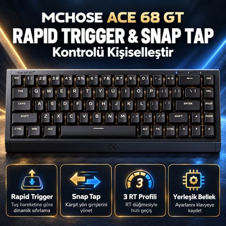 MCHOSE Ace 68 GT Black Gold %65 Mount Tai GT Pink Magnetic Switch 16K Hz Hall Effect ARGB İngilizce Gaming Klavye (HW-Ace68GT-1)