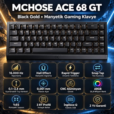 MCHOSE Ace 68 GT Black Gold %65 Mount Tai GT Pink Magnetic Switch 16K Hz Hall Effect ARGB İngilizce Gaming Klavye (HW-Ace68GT-1)
