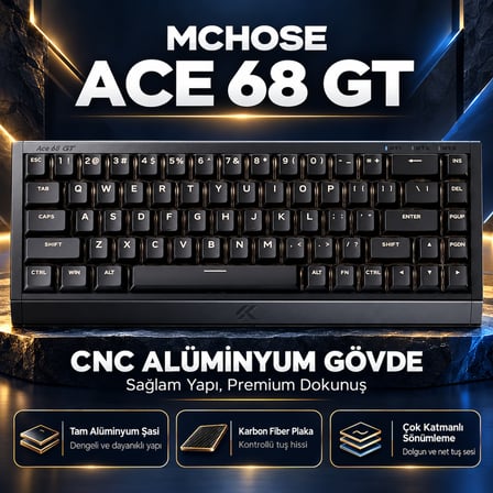 MCHOSE Ace 68 GT Black Gold %65 Mount Tai GT Pink Magnetic Switch 16K Hz Hall Effect ARGB İngilizce Gaming Klavye (HW-Ace68GT-1)