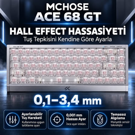 MCHOSE Ace 68 GT Aero Silver %65 Mount Tai GT Pink Magnetic Switch 16K Hz Hall Effect ARGB İngilizce Gaming Klavye (HW-Ace68GT-2)