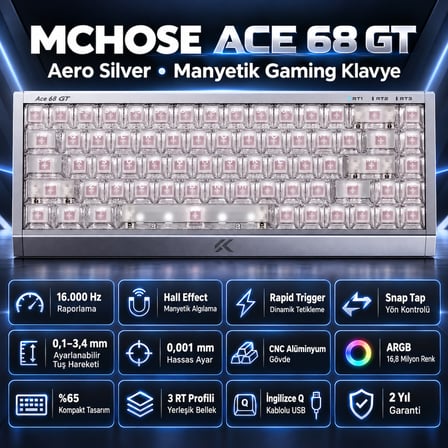 MCHOSE Ace 68 GT Aero Silver %65 Mount Tai GT Pink Magnetic Switch 16K Hz Hall Effect ARGB İngilizce Gaming Klavye (HW-Ace68GT-2)