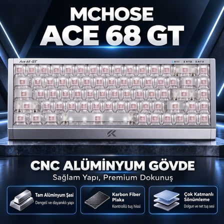 MCHOSE Ace 68 GT Aero Silver %65 Mount Tai GT Pink Magnetic Switch 16K Hz Hall Effect ARGB İngilizce Gaming Klavye (HW-Ace68GT-2)