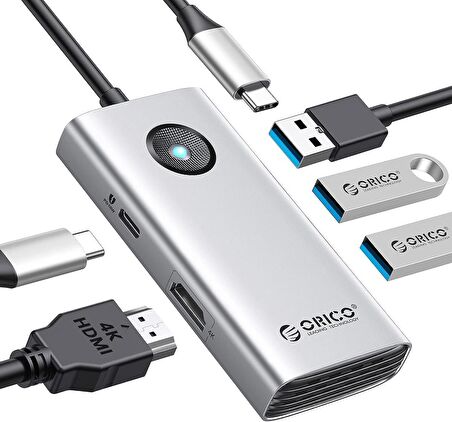 Orico Type-C to USB3.0 USB2.0 PD 60W HDMI 5in1 Çoklayıcı HUB, Gri, PW11-5P-SV