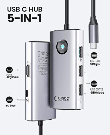 Orico Type-C to USB3.0 USB2.0 PD 60W HDMI 5in1 Çoklayıcı HUB, Gri, PW11-5P-SV