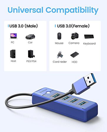 Orico USB3.0 4 Portlu 5Gbps Çoklu USB Bağlantı Noktası Çoklayıcı HUB, 15cm, Mavi, PW4U-U3-015-BL