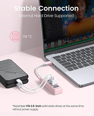 Orico USB3.0 4 Portlu 5Gbps Çoklu USB Bağlantı Noktası Çoklayıcı HUB, 15cm, Pembe, PW4U-U3-015-PK