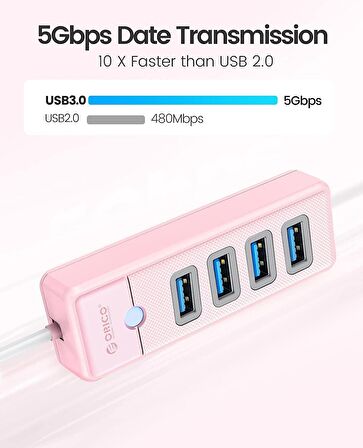 Orico USB3.0 4 Portlu 5Gbps Çoklu USB Bağlantı Noktası Çoklayıcı HUB, 15cm, Pembe, PW4U-U3-015-PK