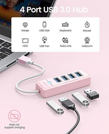 Orico USB3.0 4 Portlu 5Gbps Çoklu USB Bağlantı Noktası Çoklayıcı HUB, 15cm, Pembe, PW4U-U3-015-PK