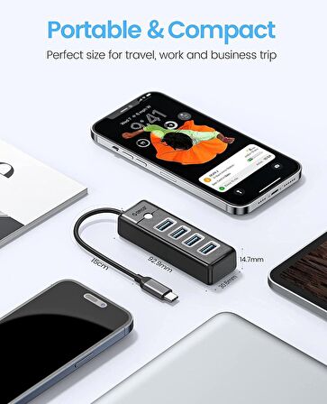Orico Type-C to 4 Portlu USB3.0 5Gbps Çoklu USB Bağlantı Noktası Çoklayıcı HUB, 15cm, Siyah, PW4U-C3-015-BK