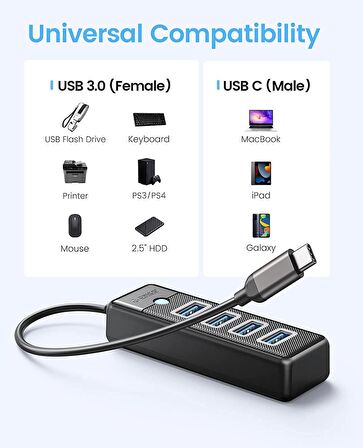 Orico Type-C to 4 Portlu USB3.0 5Gbps Çoklu USB Bağlantı Noktası Çoklayıcı HUB, 15cm, Siyah, PW4U-C3-015-BK