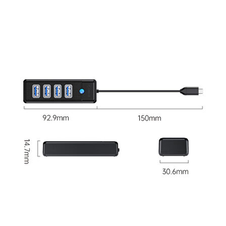 Orico Type-C to 4 Portlu USB3.0 5Gbps Çoklu USB Bağlantı Noktası Çoklayıcı HUB, 15cm, Siyah, PW4U-C3-015-BK