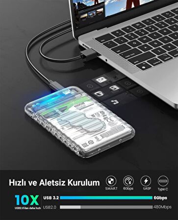 Orico USB3.2 Gen2 6Gbps Type-C 2.5” inch SATA SSD Hard Disk Kutusu Şeffaf
