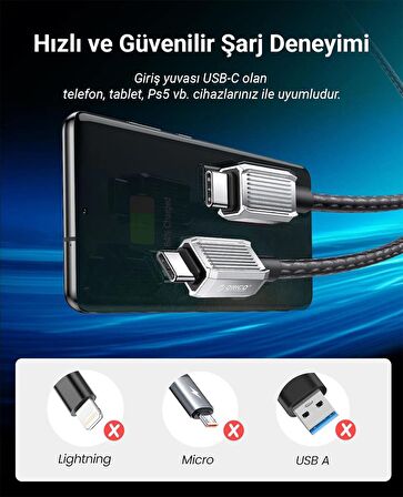 Orico 60W 3A PD Type-C to Type-C Hızlı Şarj ve Data Kablosu 1 Metre Siyah