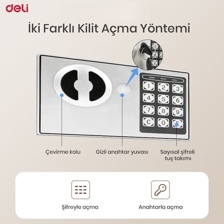 Deli ET511 Elektronik Şifreli Dijital Çelik Kasa Anahtarlı Acil Erişim 17 x 23 x 17 cm Gri