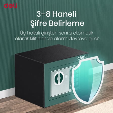 DELİ  Elektronik Şifreli Dijital Kasa Anahtarlı Acil Erişim 17 x 23 x 17 cm Siyah