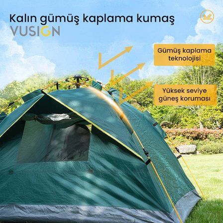 Otomatik Kamp Çadırı 2-3 Kişilik 205x205x115 cm Kolay Kurulum Suya Dayanıklı Kamp Çadırı VS4002-GN Yeşil