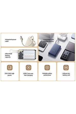 Xiaomi 33W 20.000Mah Krem Powerbank USB ve USB-C Portu ve USB-C Entegre Kablo BHR8851GL