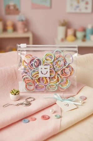 Miniso Lisanslı Şeffaf Taşıma Çantalı Renkli Saç Lastiği – Dayanıklı ve Esnek Orta Boy 100 Adet 2 Cm