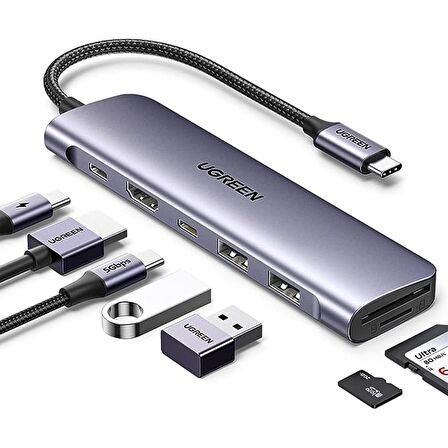 Ugreen USB C to 4K HDMI 100W PD 2*USB-A SD Micro SD Kart Okuyucu Dönüştürücü Çoklayıcı Hub