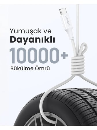 Ugreen Usb-C 100W 3A Qc Pd Silikon Örgülü Hızlı Şarj Kablosu, 1 Metre, Beyaz, 15267