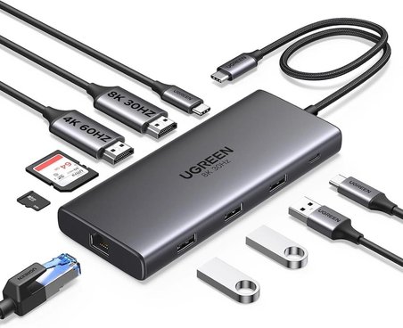UGREEN 15534 CM639 Revodok Pro 10 in 1 1xUSB-A 3.0 2xUSB-A 2.0 Çoklayıcı 1x8K/30Hz 1x4K/60Hz HDMI 1xSD 1xTF Kart Okuyucu xRJ45 Gigabit Ethernet 1xUSB-C PD 100W Şarj Desteği Çok Fonksiyonlu Bağlantı İstasyonu