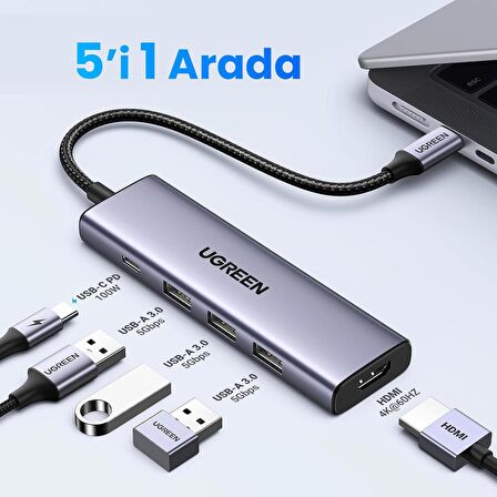 Ugreen Type-C to 4K/30Hz HDMI 3*USB 3.0 100W PD Güç Girişi Çoklayıcı Hub Adaptör