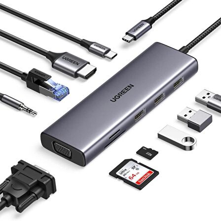 Ugreen Type-C to 3*USB 3.0 4K/30Hz HDMI VGA Gigabit Ethernet Aux SD TF Kart Okuyucu Çoklayıcı Hub Adaptör