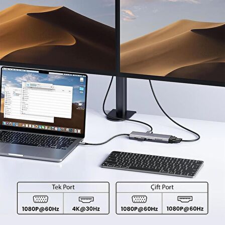 Ugreen Type-C to 3*USB 3.0 4K/30Hz HDMI VGA Gigabit Ethernet Aux SD TF Kart Okuyucu Çoklayıcı Hub Adaptör