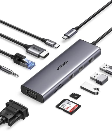 Ugreen 25043 CM498 10 in 1 Type-C to 3xUSB-A 3.0 Çoklayıcı 1x4K/60Hz HDMI 1xVGA 1xRJ45 1x3.5mm Kulaklık 1xSD 1xTF Kart Okuyucu 1xUSB-C PD 100W Şarj Desteği Çok Fonksiyonlu Bağlantı İstasyonu
