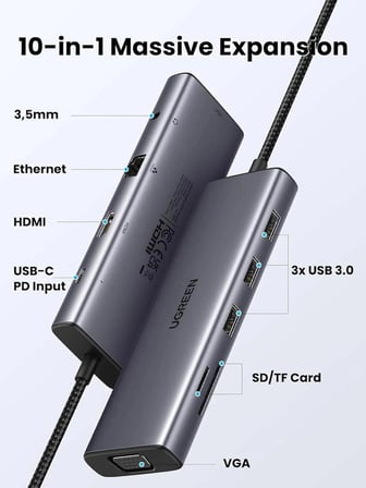 Ugreen 25043 CM498 10 in 1 Type-C to 3xUSB-A 3.0 Çoklayıcı 1x4K/60Hz HDMI 1xVGA 1xRJ45 1x3.5mm Kulaklık 1xSD 1xTF Kart Okuyucu 1xUSB-C PD 100W Şarj Desteği Çok Fonksiyonlu Bağlantı İstasyonu