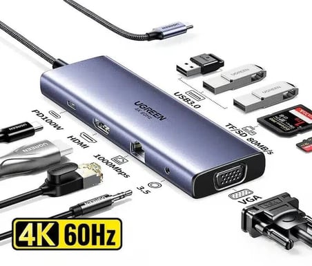 Ugreen 25043 CM498 10 in 1 Type-C to 3xUSB-A 3.0 Çoklayıcı 1x4K/60Hz HDMI 1xVGA 1xRJ45 1x3.5mm Kulaklık 1xSD 1xTF Kart Okuyucu 1xUSB-C PD 100W Şarj Desteği Çok Fonksiyonlu Bağlantı İstasyonu