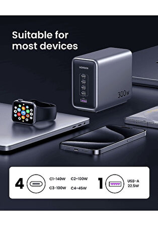 Ugreen Nexode 300w Gan 5 Portlu Hızlı Şarj Cihazı Istasyonu, 4xusb-c, 1xusb-a, Gri - 90903b